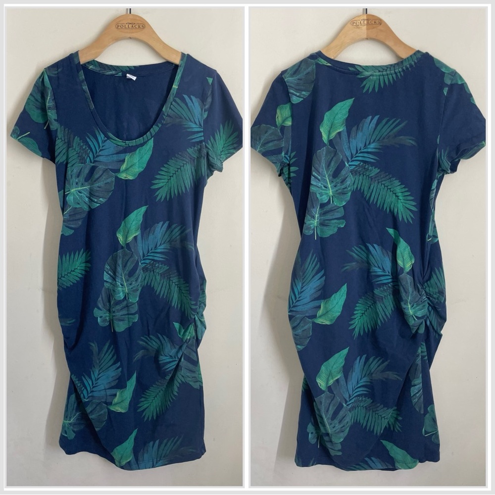 Old Navy Maternity Dress size M Tropical Leaf Print Blue Green Ruched Scoop Neck